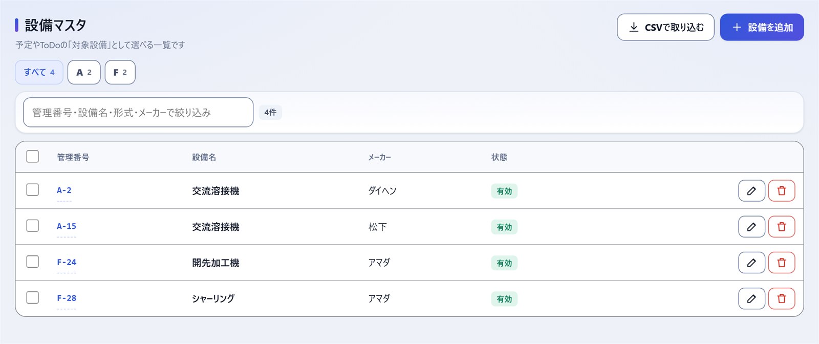 設備マスタ。管理番号のアルファベットごとにタブで切り替えます。